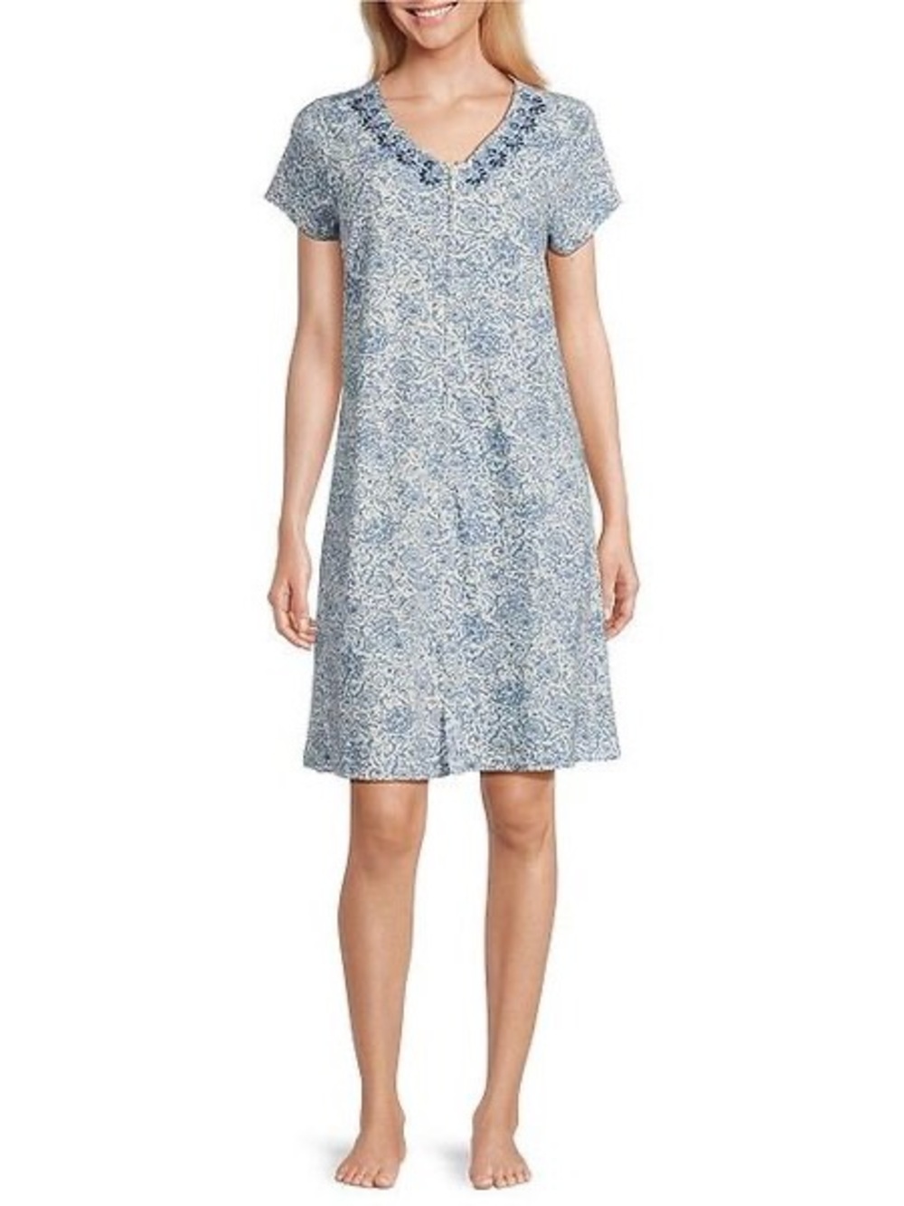 Go Softly Zip-Front Nightgown with Embroidered V-Neck
